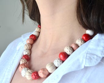 Handmade Ceramic Beaded Necklace: Beige, Blush, and Red Clay Necklace