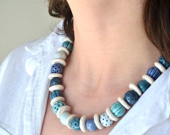 Handmade Ceramic Beaded Necklace: Blue Boho Clay Jewelry