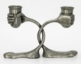 Handcrafted Pewter Surrealist Candle Holder, Step into the Light, Decor Sculpture, Unique Design