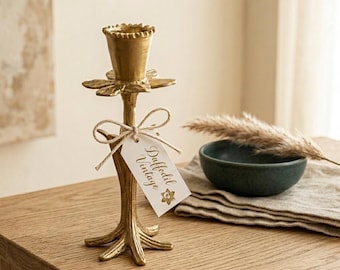Handmade Daffodil Botanical Pewter Taper Candle Holder, Home Decor Inspired by Nature