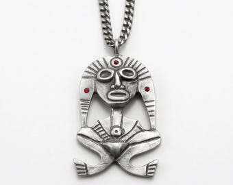 Pewter Taino Atabey Mother Goddess Pendant, Caribbean Cultural Jewelry, Garnet Accents