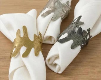 Oak Leaves Pewter Napkin Rings, Set of 4, Nature Inspired Table Decor