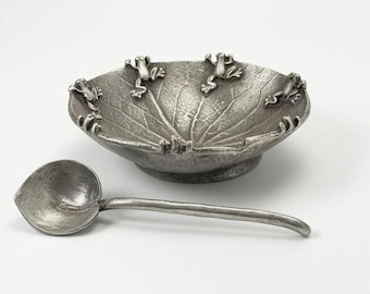 Pewter Water Lily Salt Dish with Matching Spoon Botanical Table Decor