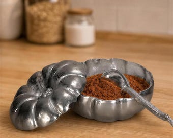 May include: A silver-toned metal pumpkin-shaped bowl with a matching lid resting beside it. The bowl is filled with a reddish-brown powder and includes a long-handled silver metal spoon with a textured stem resting inside the container.