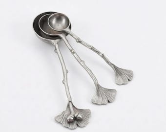 Ginkgo Leaf Measuring Spoons Set of 3, handcrafted pewter, nature inspired Kitchen Decor