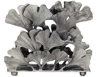 Ginkgo Pewter Napkin Holder Letter Organizer, Home and Desk Decor, Inspired by Nature