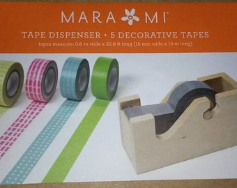Old fashion vintage appeal wooden tape dispenser with 5 rolls of decorative tapes