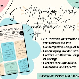 Tarjetas de afirmación positiva para adolescentes, tarjetas de afirmación imprimibles para adolescentes precontemplativos, tarjetas de afirmación diaria imprimibles