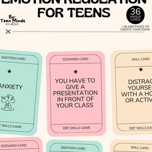 Puede incluir: Un juego de 36 cartas para un juego de habilidades DBT: Regulaci&oacute;n de las emociones para adolescentes. Las cartas est&aacute;n codificadas por colores y presentan diferentes escenarios y emociones, como "Ansiedad", "Tienes que dar una presentaci&oacute;n frente a tu clase" y "Celos".
