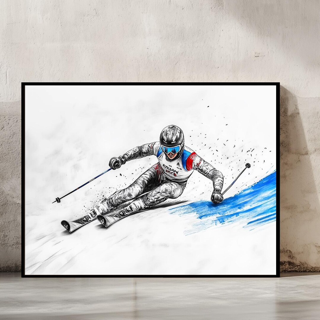 Ski Racing Winter Snow Pencil Drawing Print - Etsy