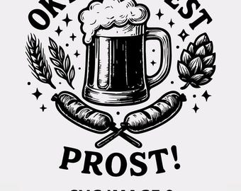 May include: Black and white Oktoberfest-themed graphic. Features a beer stein with foam, crossed sausages, a hop, wheat, and the words "OKTOBERFEST" and "PROST!" The text "SVG IMAGE & GRAPHICS BUNDLE" is also included.