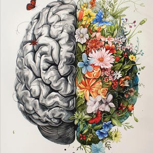 Könnte beinhalten: Ein Aquarellbild eines menschlichen Gehirns, aus dessen rechter Hemisphäre Blumen wachsen. Das Gehirn ist grau und weiß, und die Blumen sind bunt, darunter rot, gelb, orange, rosa, blau und lila.