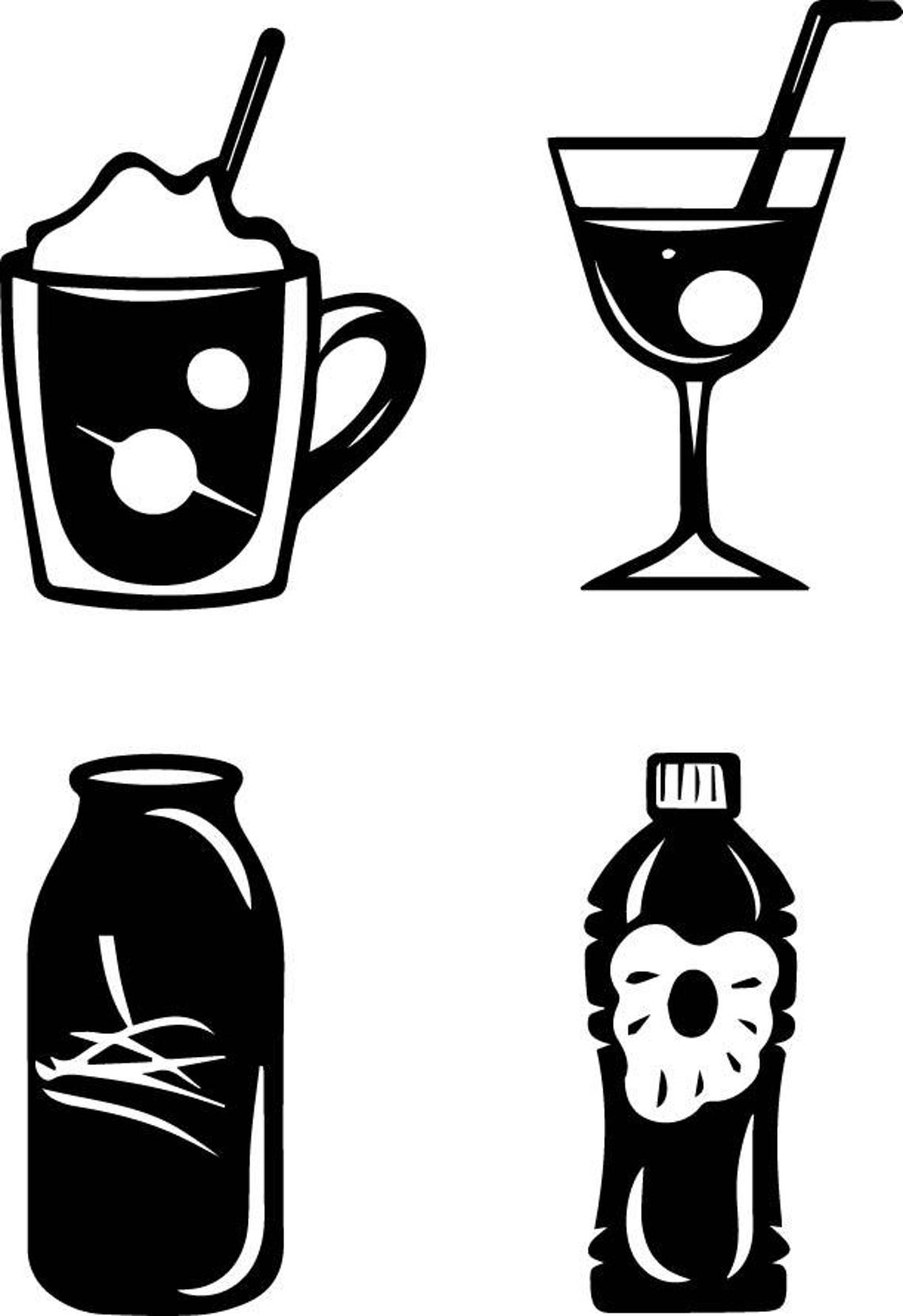 Black and White Drink Icons, Vector Drink Set, Flat Style, Drink ...