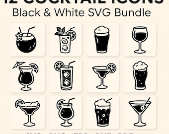 12 iconos de cócteles en blanco y negro. Paquete SVG de bebidas de verano, clipart de cócteles tropicales para Cricut.