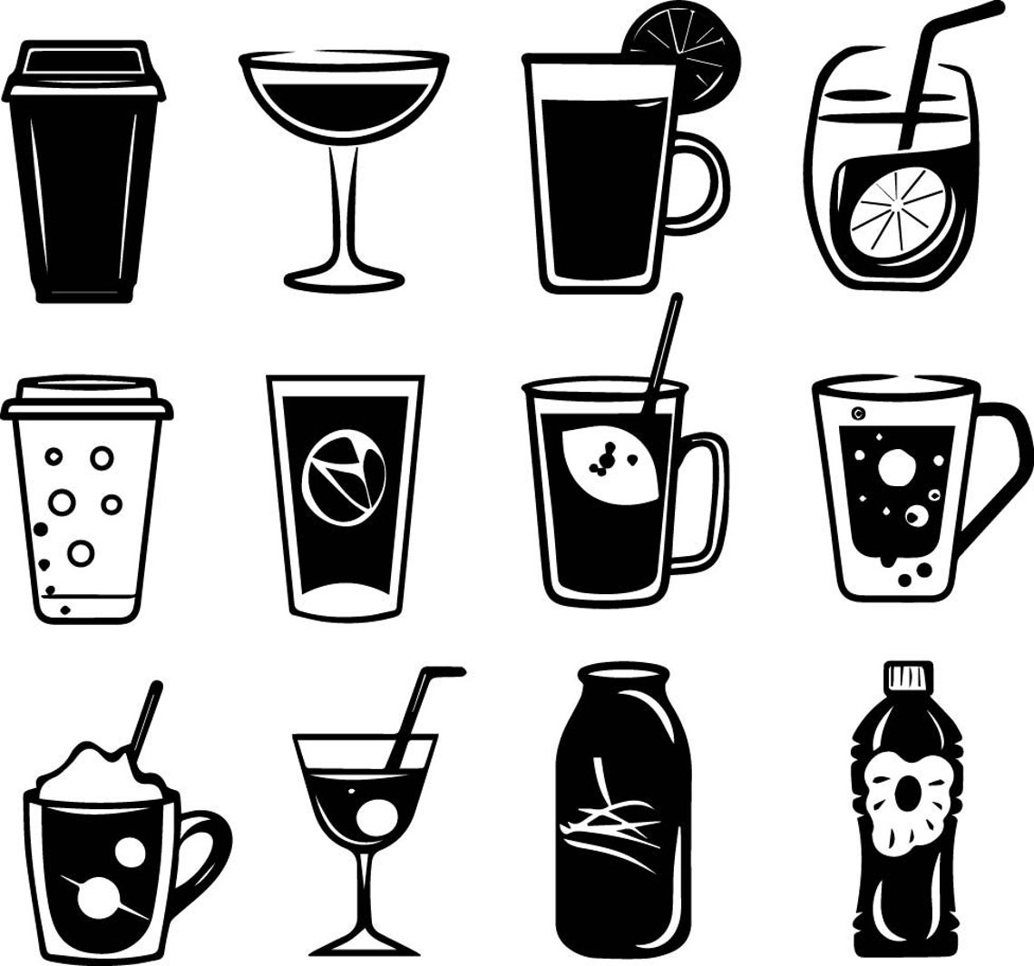 Black and White Drink Icons, Vector Drink Set, Flat Style, Drink ...