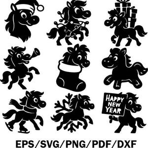 Weihnachtspferd-Silhouette-Bundle | Niedliches Pony Clipart | Winterurlaub SVG | Neujahr Pferd Vektor | Cricut, Silhouette, Laser Cut Dateien
