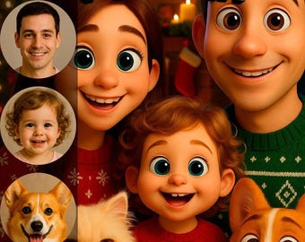May include: A digital cartoon portrait featuring a family and pets. The image includes a smiling family of three, a corgi, and a fluffy white cat. The text "CARTOON PORTRAIT" is displayed at the top.