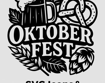 Oktoberfest SVG bundle, beer mug, pretzel, hops and leaves, German festival clipart, black and white cut files for cricut and silhouette