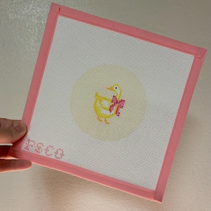 Customized Pink Bow Duck Stitch Painted Needlepoint Canvas