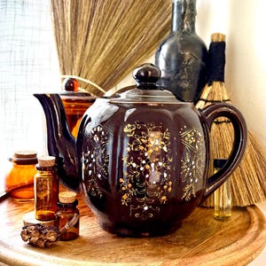 Forest Witch Teapot: Primitive Rustic Witch Altar Decor Simmer pot, Brown with Gold Trim teapot