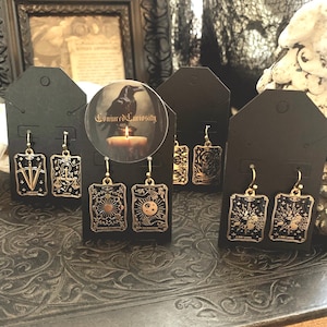 Tarot Card Earrings Gold Black Enamel Pendant Jewelry The Moon The Stars Wheel of Fortune the Magician Judgment Justice Easter Basket Gift