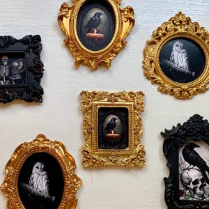 May include: A collection of ornate framed art pieces. The frames are gold and black, with oval and rectangular shapes. The art features images of a raven, an owl, a skull, and a skeleton with butterfly wings, all with a gothic theme.