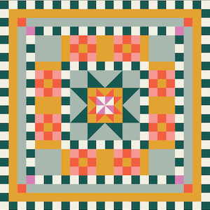 Peut inclure: Un motif géométrique avec une étoile au centre. Le motif est composé de carrés dans des tons de vert, blanc, orange, rose et jaune. L'arrière-plan est un motif à carreaux noir et blanc.