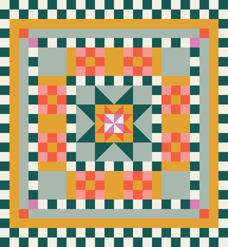May include: A geometric pattern with a star in the center. The pattern is made up of squares in shades of green, white, orange, pink, and yellow. The background is a black and white checkered pattern.