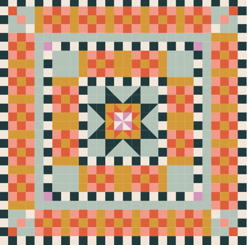 May include: A geometric pattern with a black, white, orange, pink, and light blue color scheme. The pattern is made up of squares and stars.