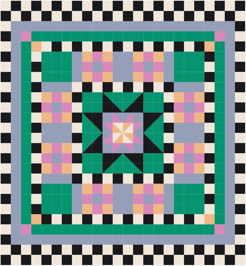 May include: A black and white checkered pattern surrounds a square with a green border. Inside the square is a star-shaped design with black, white, pink, and light blue squares. The star is surrounded by a checkered pattern of pink, light blue, and orange squares.