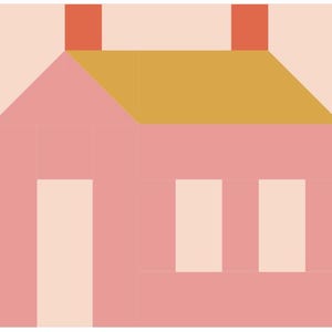 May include: A square graphic illustration of a house featuring a pink facade, a mustard yellow roof, and two orange chimneys. The design includes a central vertical rectangular door and two smaller rectangular windows in a light cream colour.