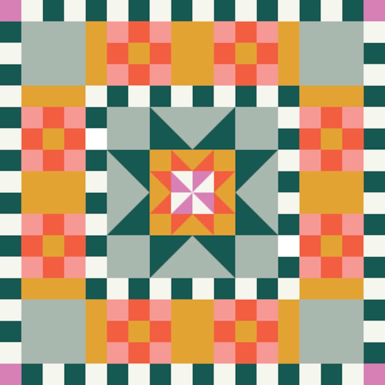 May include: A geometric pattern with a repeating design of squares and triangles in shades of green, gray, orange, pink, and white.