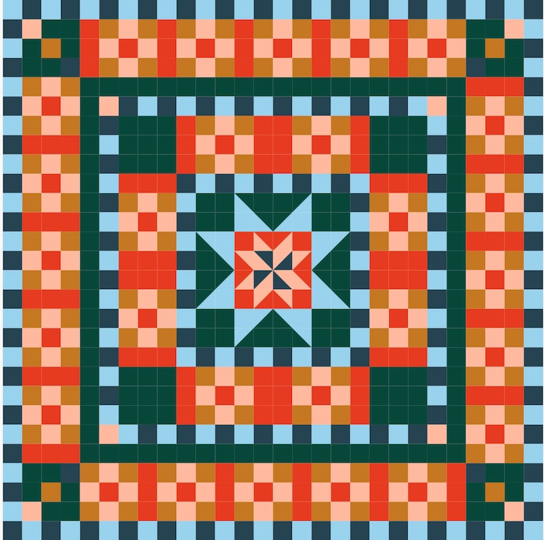 May include: A geometric pattern with a star in the center. The pattern is made up of squares in shades of blue, green, red, orange, and brown.