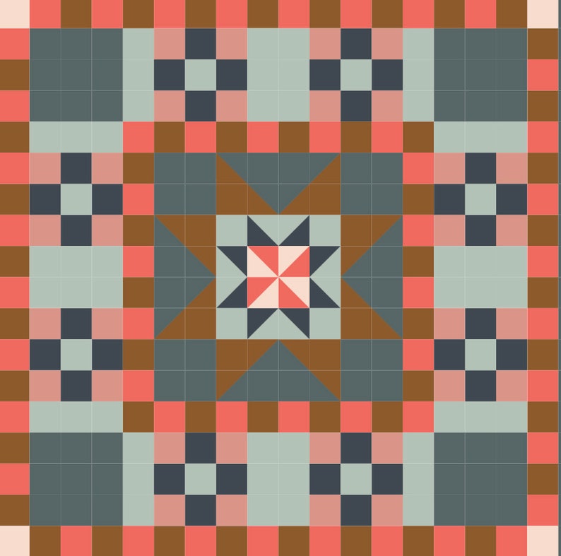 May include: A geometric pattern tile design with a central star shape in shades of brown, pink, and white. The surrounding tiles are a checkerboard pattern of black and white squares with a border of brown and pink squares.