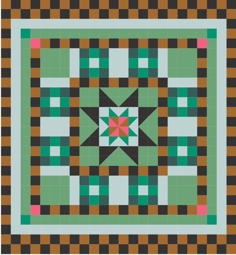 May include: A square tile with a black, green, and brown checkered pattern. The center of the tile features a starburst design with a pink and green center.