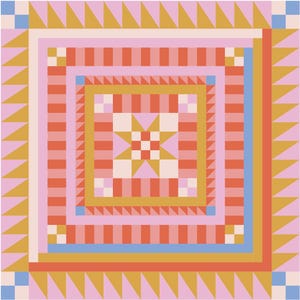 Puede incluir: Un patrón de colcha cuadrado con un fondo rosa y un diseño de estrella en el centro. La estrella está formada por cuadrados blancos, rojos y dorados. La colcha está rodeada por un borde de triángulos dorados, rayas rojas y blancas y rayas azules.