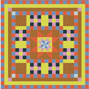 May include: A square pattern of colorful tiles in shades of red, orange, yellow, blue, pink, and black. The tiles are arranged in a geometric design with a central star shape.