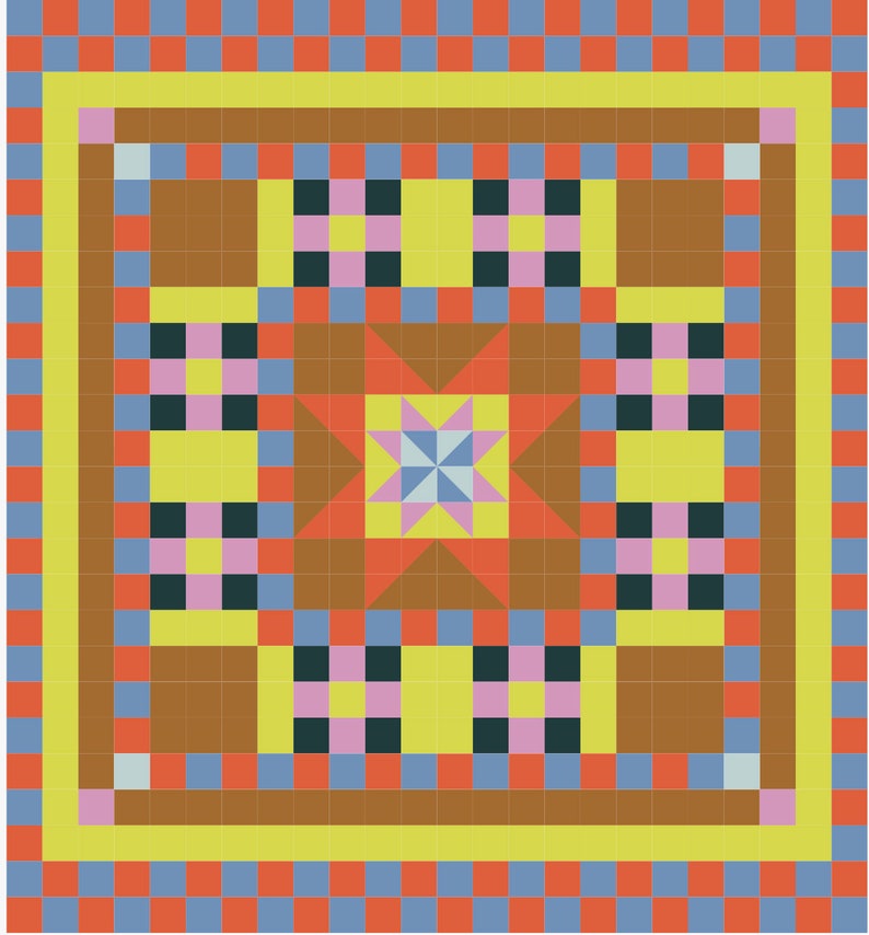 May include: A square pattern of colorful tiles in shades of red, orange, yellow, blue, pink, and black. The tiles are arranged in a geometric design with a central star shape.