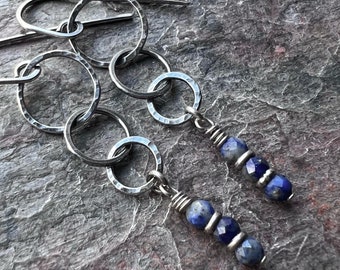 Sterling Silver Lapis Earrings Beaded Genuine Lapis Lazuli Long Blue Dangle Earrings Handmade Jewelry Unique Gift for Her