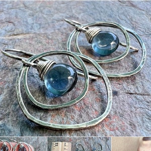 Sterling Silver Quartz Earrings - Blue Hydro Quartz in Hammered Silver