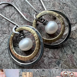 Sterling Silver Mixed Metal Pearl Earrings Genuine Pearls in Hammered Silver and Brass Dangle Earrings image 1