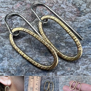 Brass and Sterling Silver Mixed Metal Earrings - Golden Brass Elongated Ovals on Handmade Sterling Silver Earwires