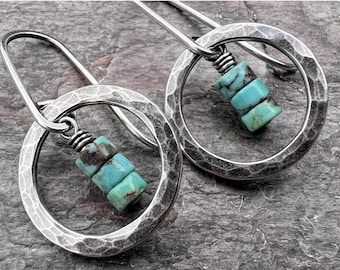 Turquoise Sterling Silver Earrings - Genuine Turquoise in Hammered Circles