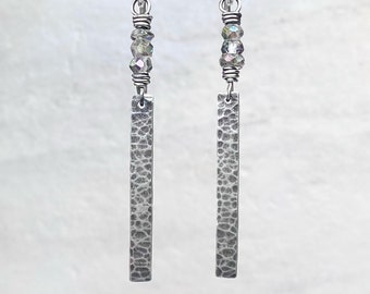 Sterling Silver Mystic Topaz Earrings - Genuine Topaz and Hammered Sterling Silver Bar Earrings