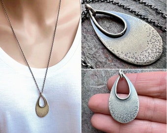 Sterling Silver Teardrop Necklace - Textured Sterling Silver Open Teardrop on Sterling Silver Chain