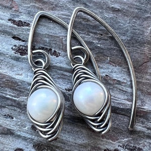 Sterling Silver Pearl Earrings | Genuine Freshwater Pearl Wire-wrapped Dangles