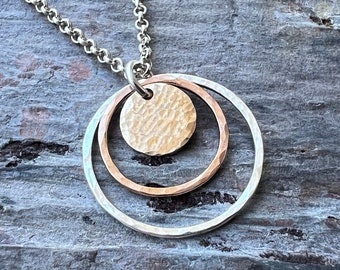 14k Goldfill and Sterling Silver Necklace | Mixed Metal Hammered Gold and Silver Circles Pendant Necklace - Handmade Jewelry Gift for Her