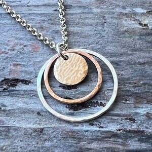14k Goldfill and Sterling Silver Necklace | Mixed Metal Hammered Gold and Silver Circles Pendant Necklace