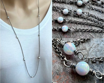 Long Sterling Silver Opal Necklace - Simulated Opal and Sterling Silver Chain Necklace