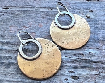 Sterling Silver and Gold Brass Earrings | Mixed Metal Modern Circle Dangle Earrings - Handmade Jewelry Gift for Her